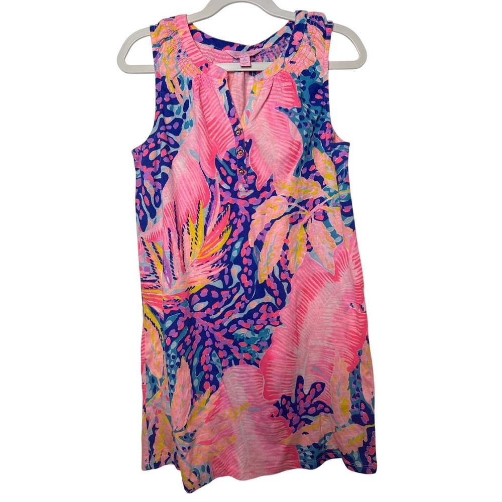 Lilly‎ Pulitzer Kids Pink Blue Tropical Palm Print Cotton Shift Dress Large 8-10